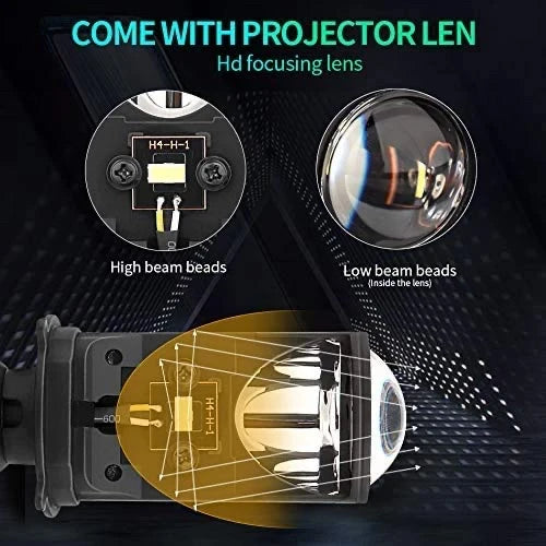 Y6 LED Headlight Bulb Projector 10000LM H4 LED Mini Projector Lens with Fan for Bike Bulb Conversion Kit Hi/Lo Beam Headlight 12V/24V for Motorcycle, Set of 1, White 50W