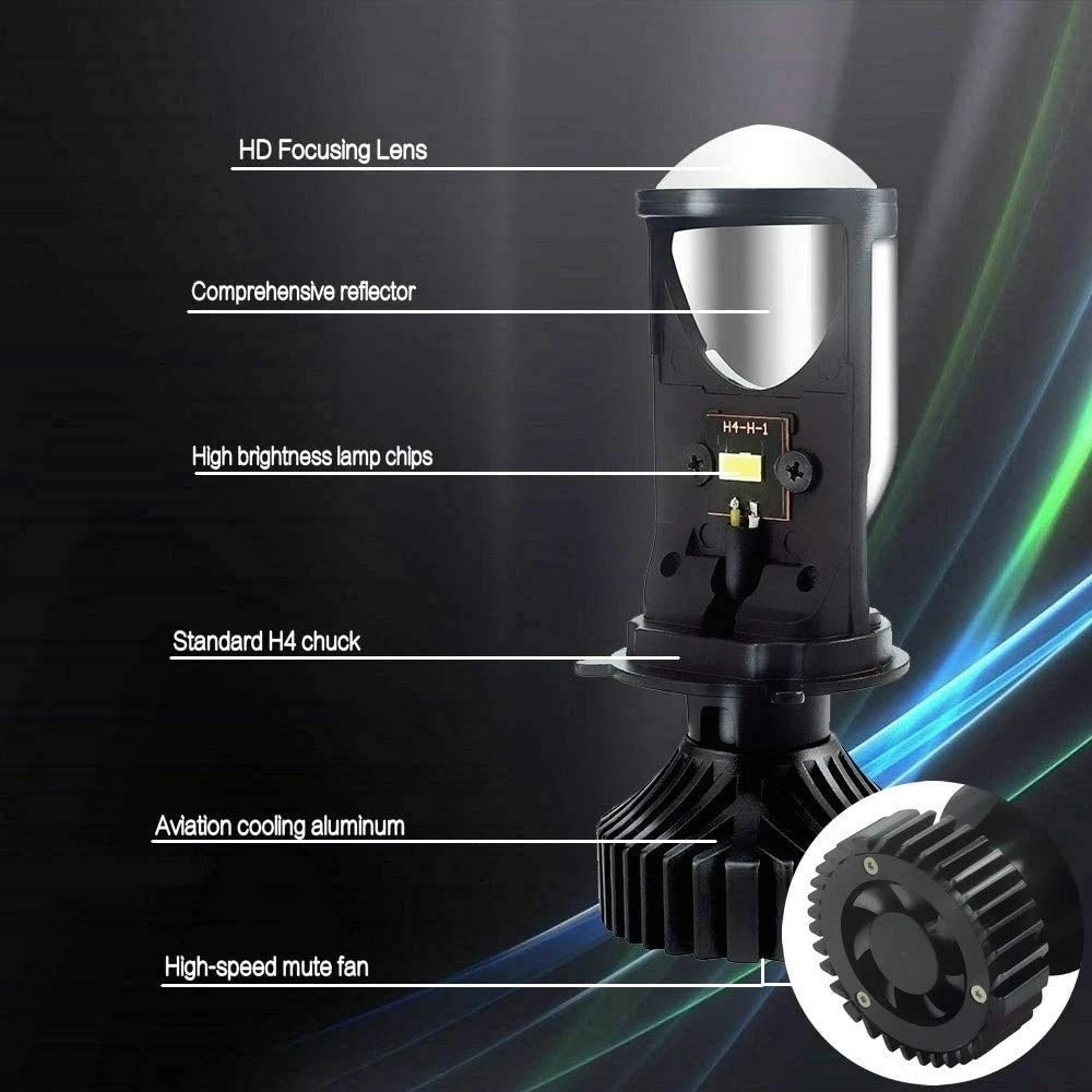 Y6 LED Headlight Bulb Projector 10000LM H4 LED Mini Projector Lens with Fan for Bike Bulb Conversion Kit Hi/Lo Beam Headlight 12V/24V for Motorcycle, Set of 1, White 50W