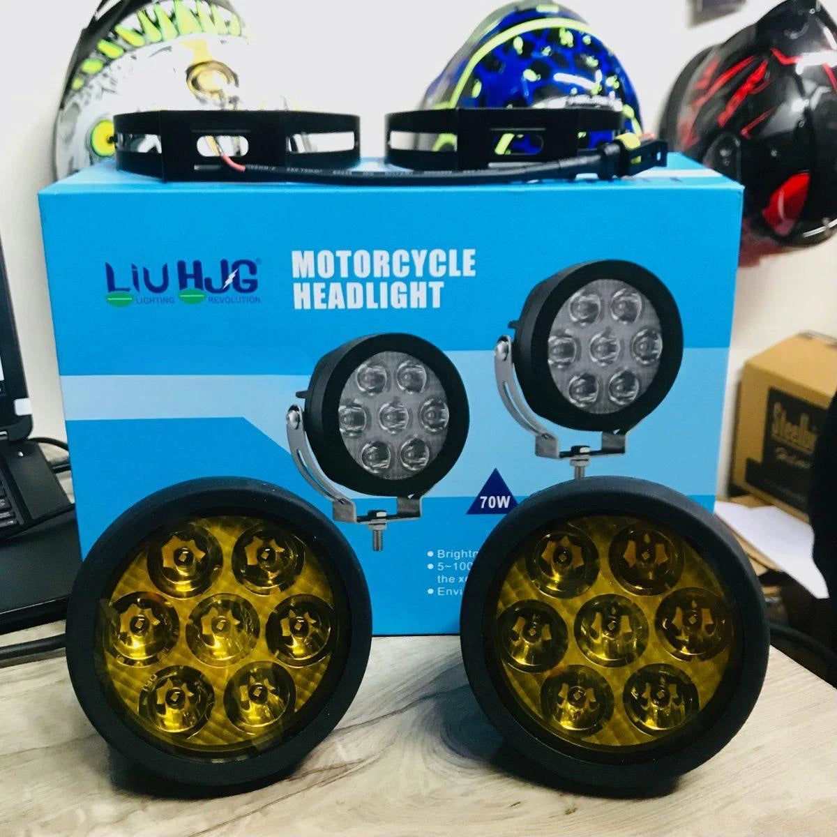 HJG Original 70W CREE 140W Dual Color Yellow/White LED Fog Lights with Wiring Harness Kit light brightness output controller switch Yellow Filter Cap Waterproof Light for Bikes, Cars, Jeeps Yellow Filter Cap