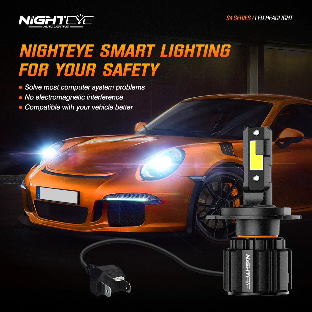 Original Nighteye A315 S4 NEW MODEL 2024 H4 LED Headlight Bulb H4 (Set of 2) For All Motorcycles (Low and High Beam Bulbs (White) 13000 LM 3 Side Chip) - Type H4