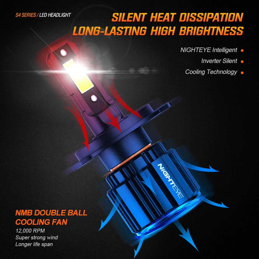 Original Nighteye A315 S4 NEW MODEL 2024 H4 LED Headlight Bulb H4 (Set of 2) For All Motorcycles (Low and High Beam Bulbs (White) 13000 LM 3 Side Chip) - Type H4