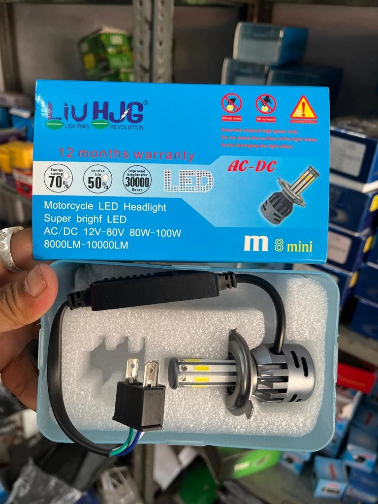 HJG M8 ORIGINAL 100W LED Headlight Bulb H4 For All Motorcycles (Low and High Beam Bulbs (White) AC/DC 100Watt 8 Side Chip) - Type H4