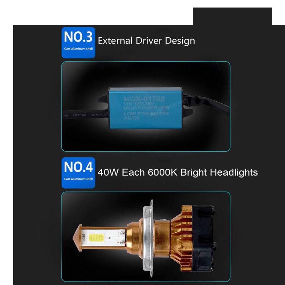 CYT ORIGINAL LED DC Power Headlight Bulb Universal For All Bikes, Motorcycle, Scooty (DC8V-48V, 40W) 3 Side H4 White LED Headlight with Cooling Fan Head lamp Conversion Kit - Type H4 - bikerstore.in