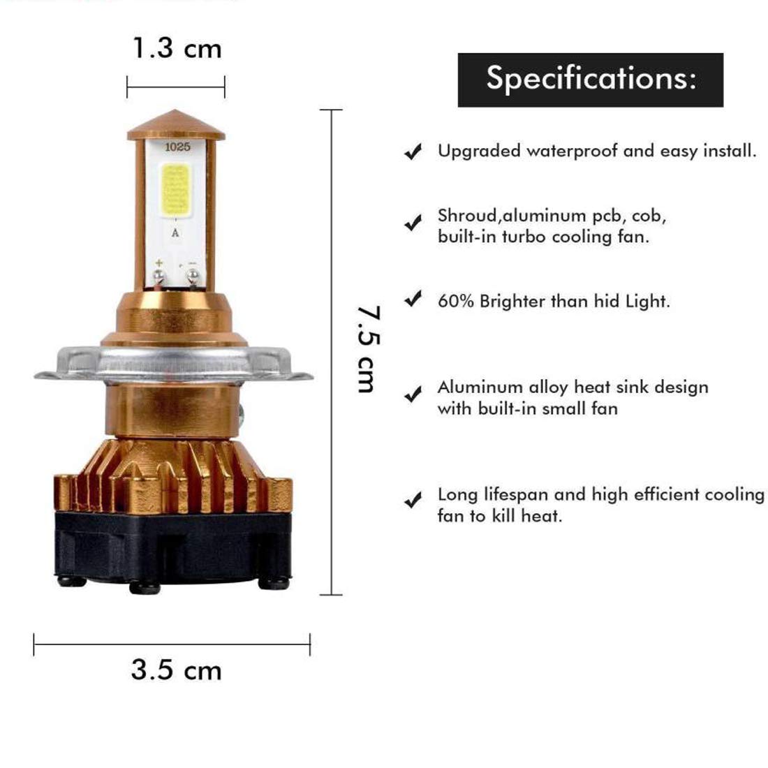 CYT ORIGINAL LED DC Power Headlight Bulb Universal For All Bikes, Motorcycle, Scooty (DC8V-48V, 40W) 3 Side H4 White LED Headlight with Cooling Fan Head lamp Conversion Kit - Type H4 - bikerstore.in