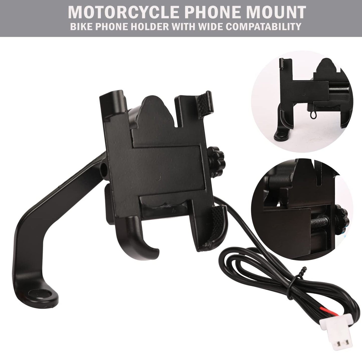 Mobile Phone Holder with USB Charger Waterproof Easy Adjustable Rear View Mirror Mount Solid Metal Cradle Stand Suitable for Bike & Mobile Phones 3.5" to 7.0" (Black)