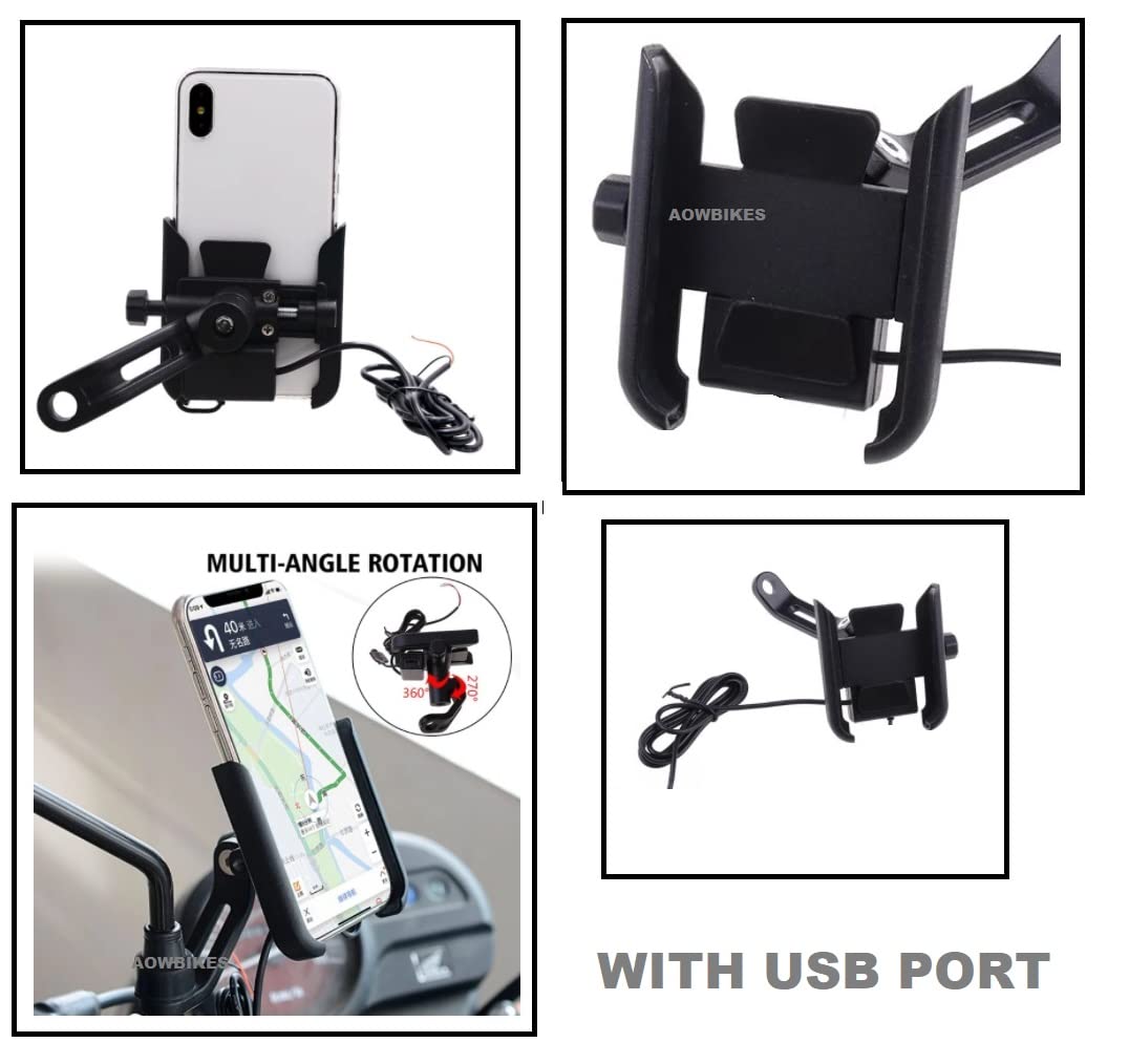 Mobile Phone Holder with USB Charger Waterproof Easy Adjustable Rear View Mirror Mount Solid Metal Cradle Stand Suitable for Bike & Mobile Phones 3.5" to 7.0" (Black)