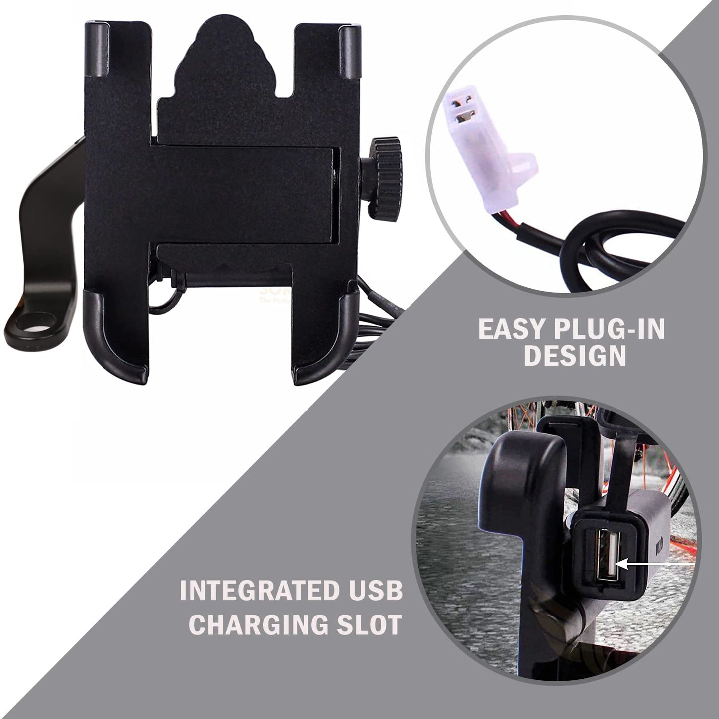 Mobile Phone Holder with USB Charger Waterproof Easy Adjustable Rear View Mirror Mount Solid Metal Cradle Stand Suitable for Bike & Mobile Phones 3.5" to 7.0" (Black)