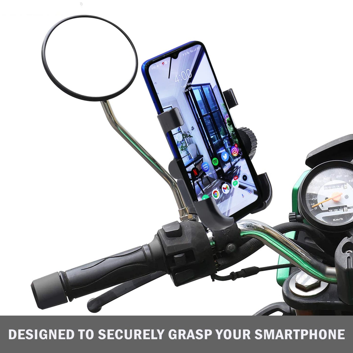 Mobile Phone Holder with USB Charger Waterproof Easy Adjustable Rear View Mirror Mount Solid Metal Cradle Stand Suitable for Bike & Mobile Phones 3.5" to 7.0" (Black)