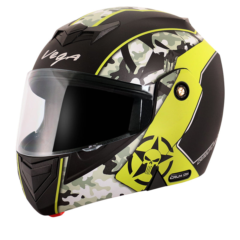 Vega Crux Dx Camouflage Dull Black Neon Yellow Helmet - bikerstore.in