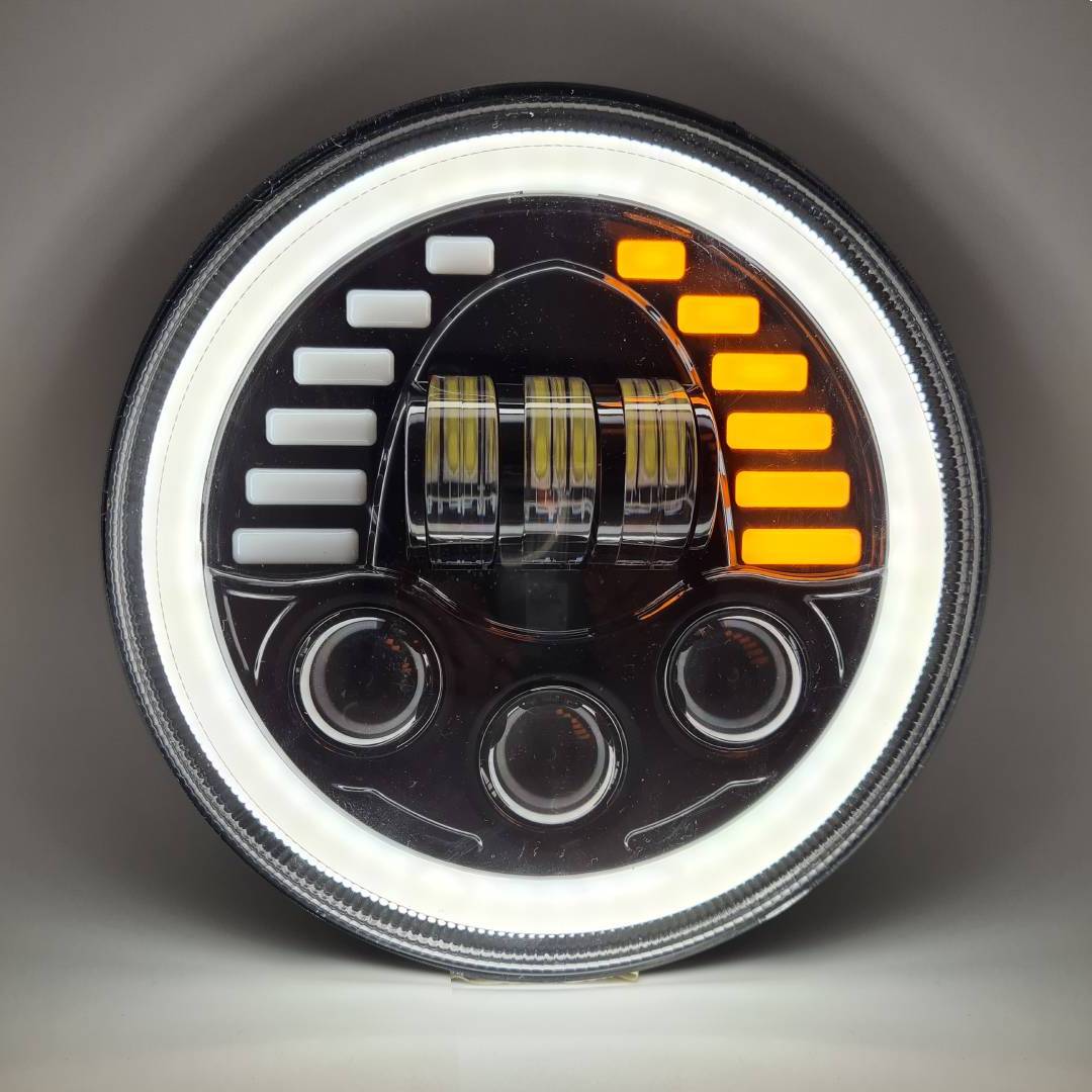 HJG New Indicator Harley Headlight 7Inch Round Led Headlight Fits in Royal Enfield All Models, Mahindra Thar - bikerstore.in