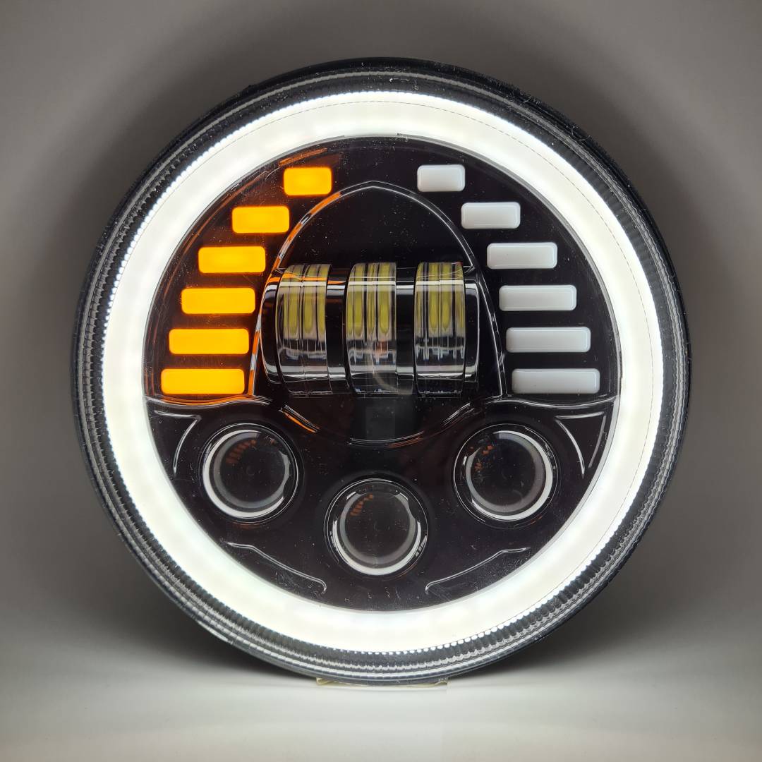 HJG New Indicator Harley Headlight 7Inch Round Led Headlight Fits in Royal Enfield All Models, Mahindra Thar - bikerstore.in