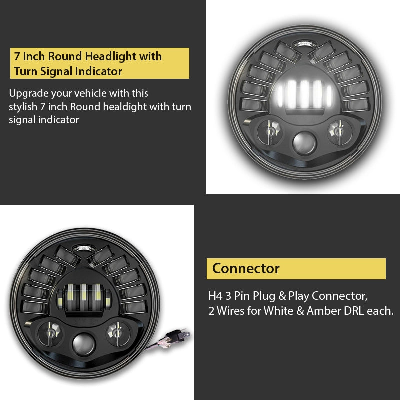 7 Inch Round Headlight with Turn Signal Indicator & Hi/Low Beam for Bullet, Mahindra Thar - bikerstore.in