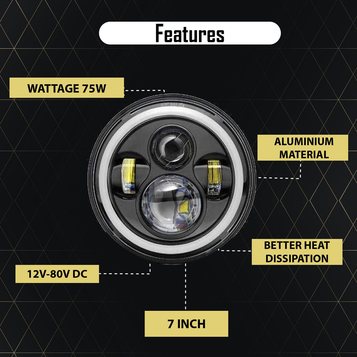 HJG 7 Inch LED Headlight with Spotless and Bright DRL Fits in Royal Enfield (All Model) And Mahindra Thar (12V-80V DC 75w) - bikerstore.in