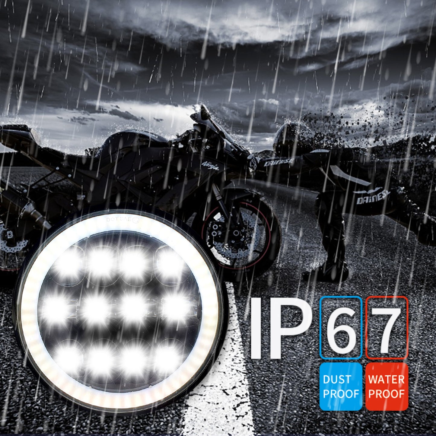 HJG 7 Inch Round Headlight Compatible with Royal Enfield, Jeep & Harley Davidson (12 LED WHITE) (12V-80V, 75W) - bikerstore.in
