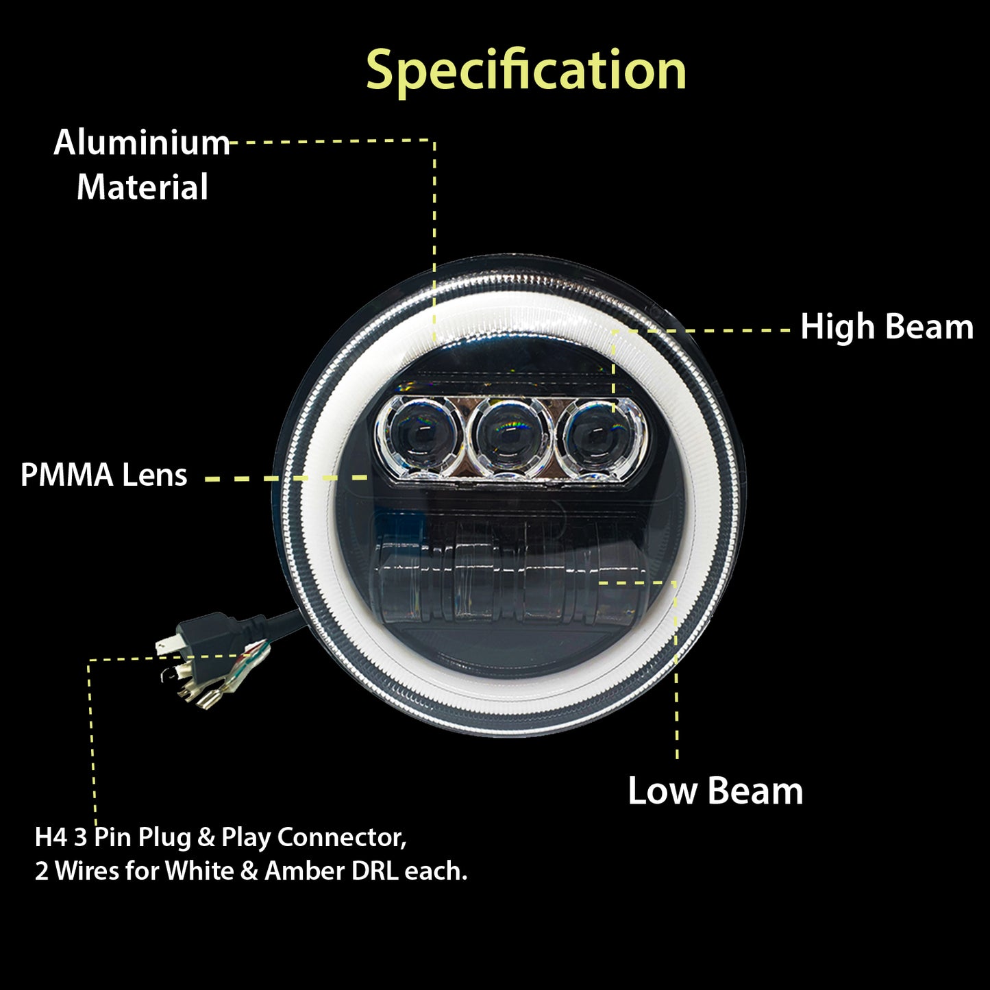 7 Inch New Round LED Headligh Fits in Jawa with High Beam, Low Beam (12V-80V 75W) - bikerstore.in
