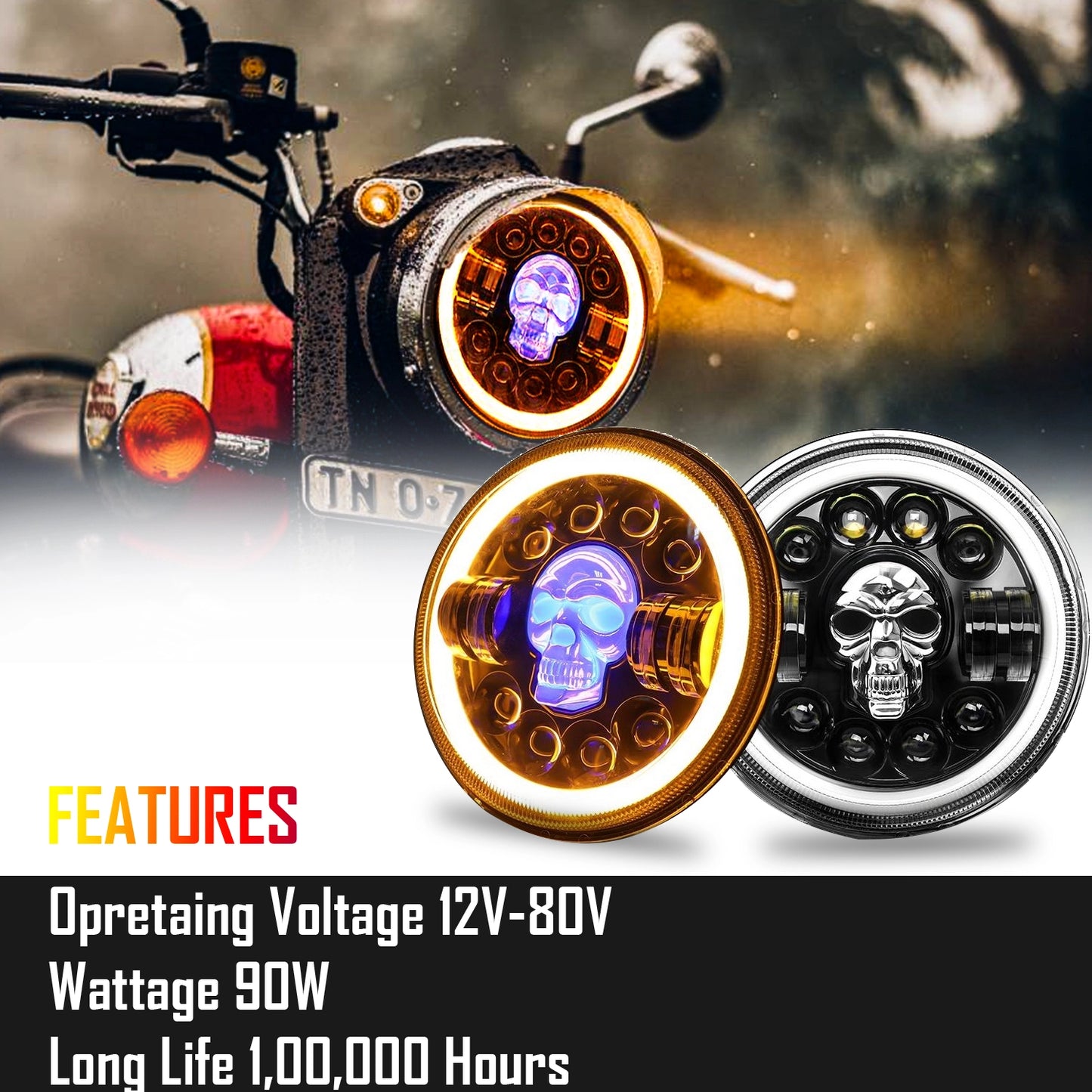 7 Inch Harley Skull Round Led Headlight Fits in Royal Enfield All Models, Mahindra Thar (12V-80V 75w) - bikerstore.in