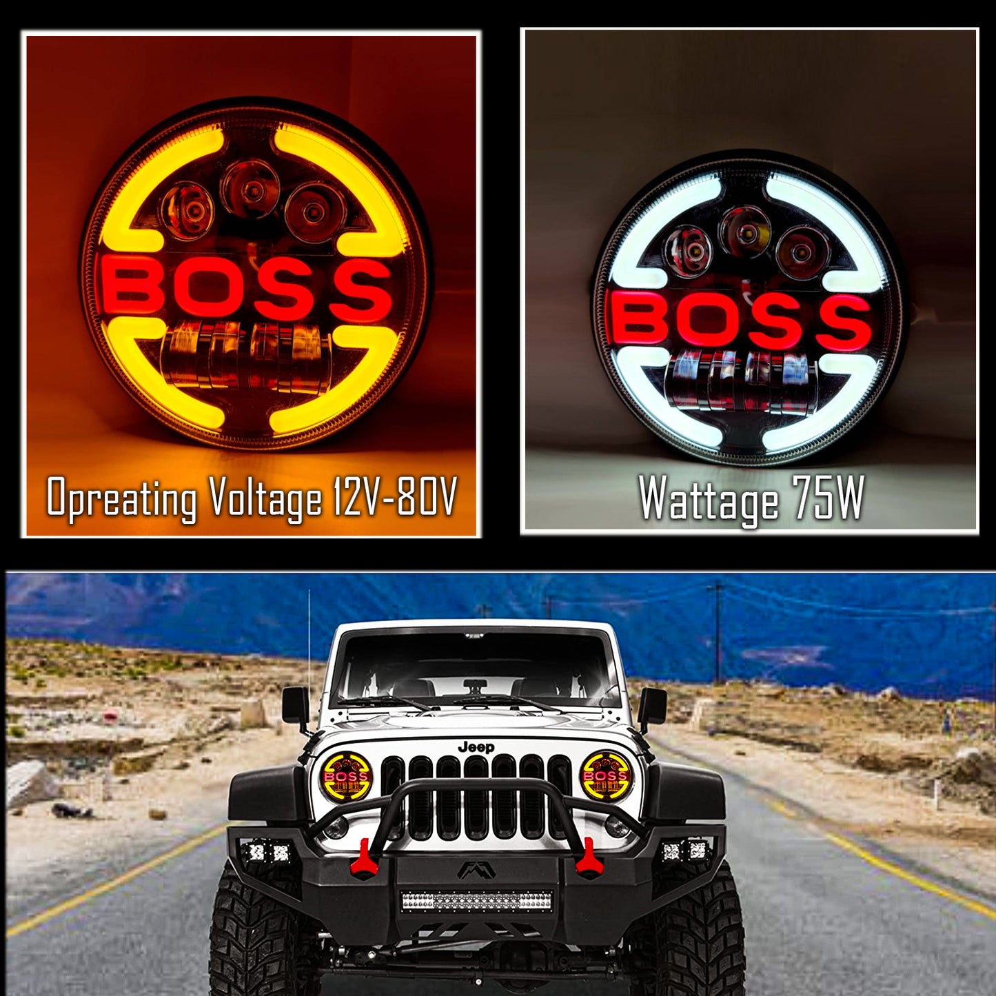 7 Inch Round Headlight Compatible with Royal Enfield, Jeep & Harley Davidson (Harley Boss Headlight) - bikerstore.in