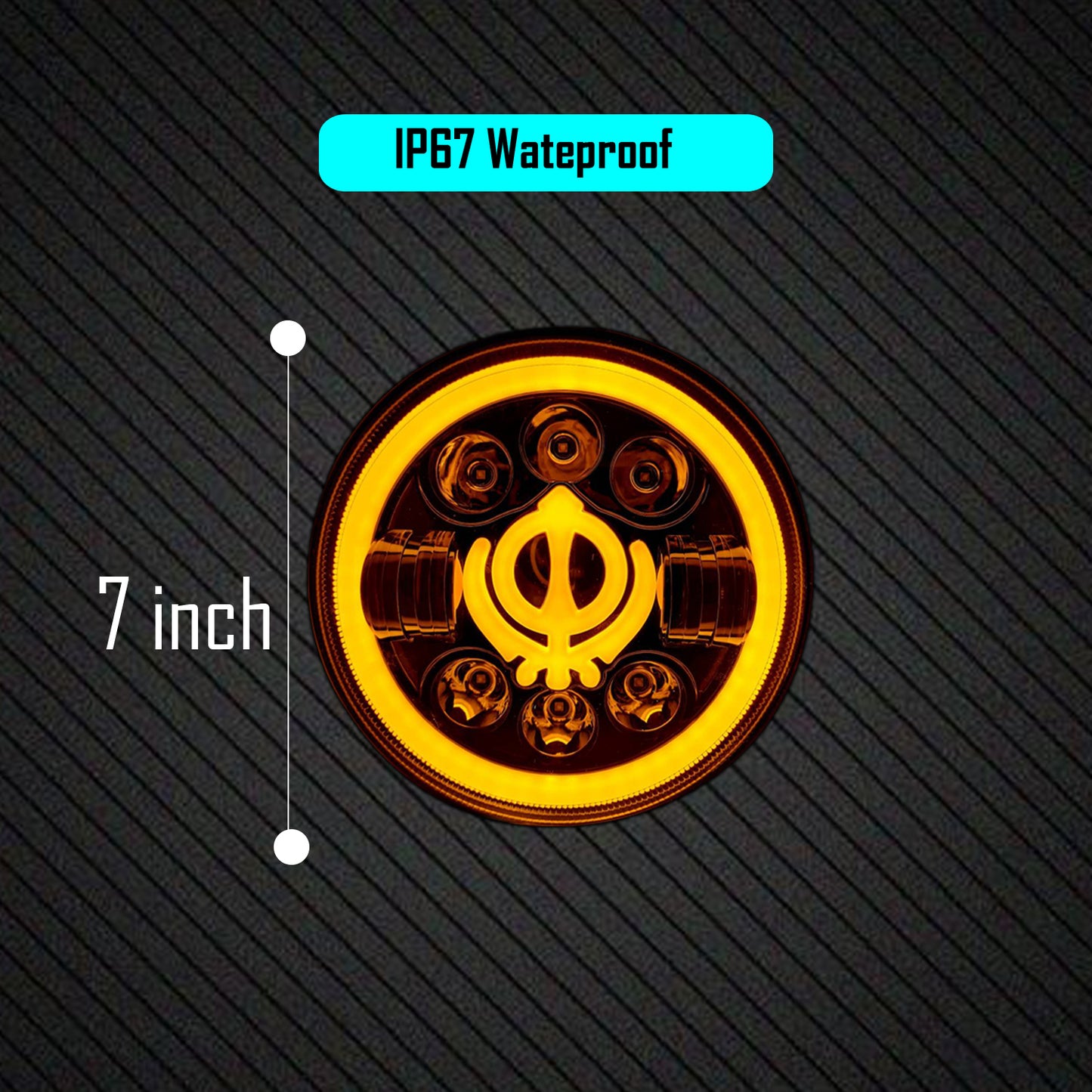 7 Inch Round Headlight Compatible with Royal Enfield, Jeep & Harley Davidson (Khanda DRL) (12V-80V 75W) - bikerstore.in