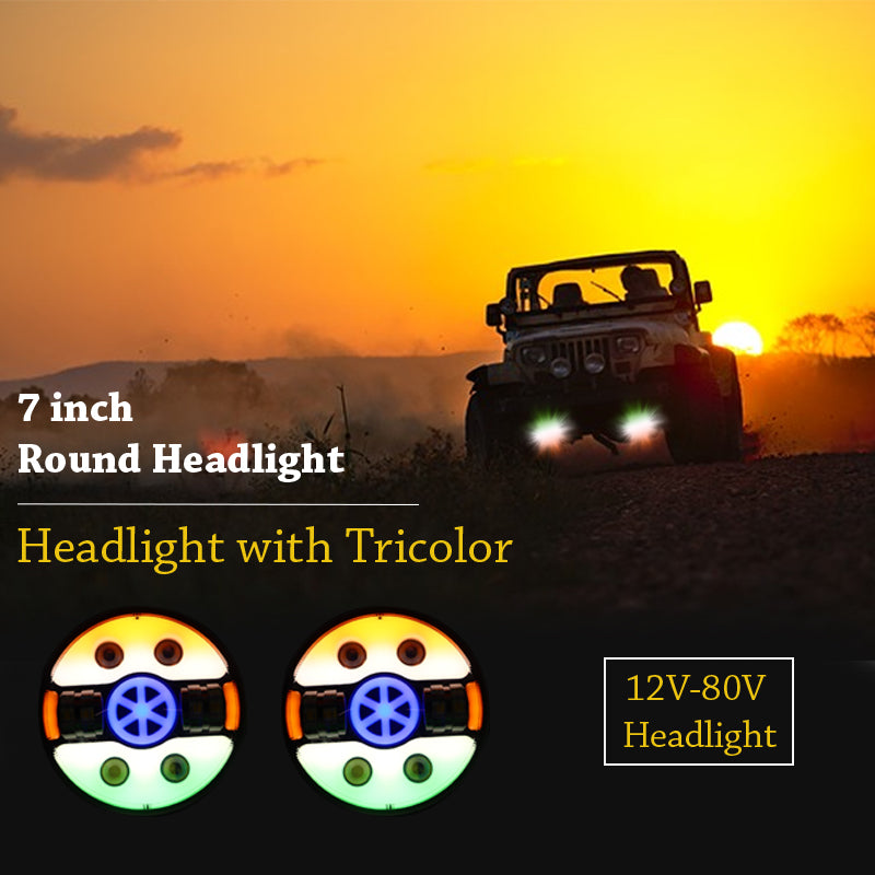 7 Inch Tri Colour Round LED Harley Headlight Fits in Royal Enfield, Thar (12V-80V 90W) (Tiranga) - bikerstore.in