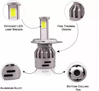 HJG ORIGINAL LED Headlight Bulb H4 50W For All Motorcycles (Low and High Beam Bulbs (White) AC/DC 50Watt 3 Side Chip) - Type H4 - bikerstore.in
