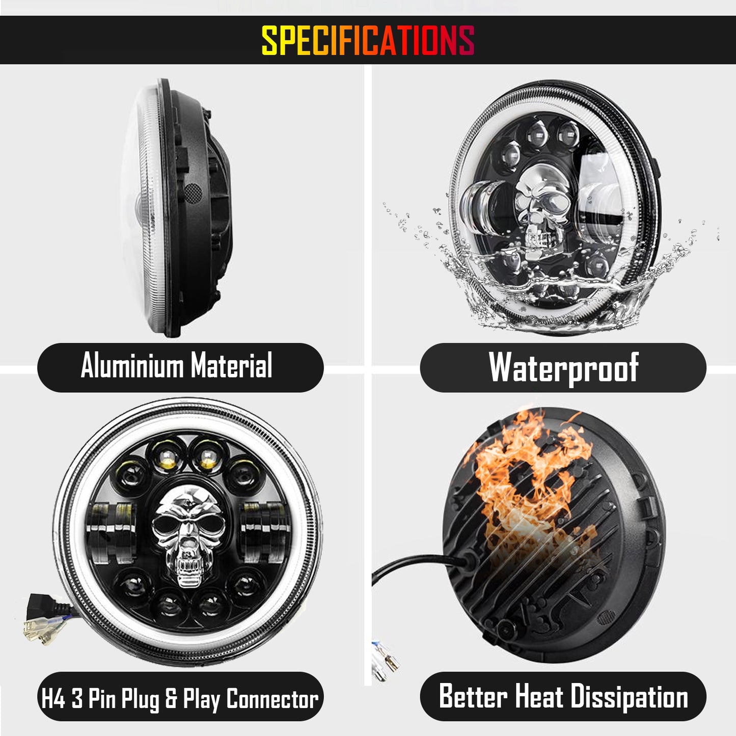 7 Inch Harley Skull Round Led Headlight Fits in Royal Enfield All Models, Mahindra Thar (12V-80V 75w) - bikerstore.in