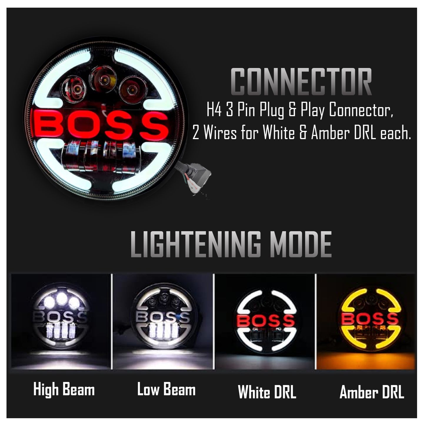 7 Inch Round Headlight Compatible with Royal Enfield, Jeep & Harley Davidson (Harley Boss Headlight) - bikerstore.in