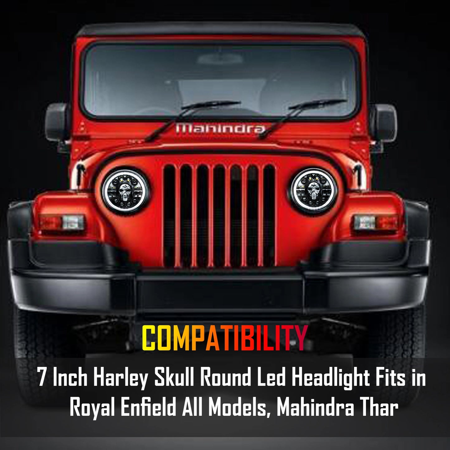 7 Inch Harley Skull Round Led Headlight Fits in Royal Enfield All Models, Mahindra Thar (12V-80V 75w) - bikerstore.in