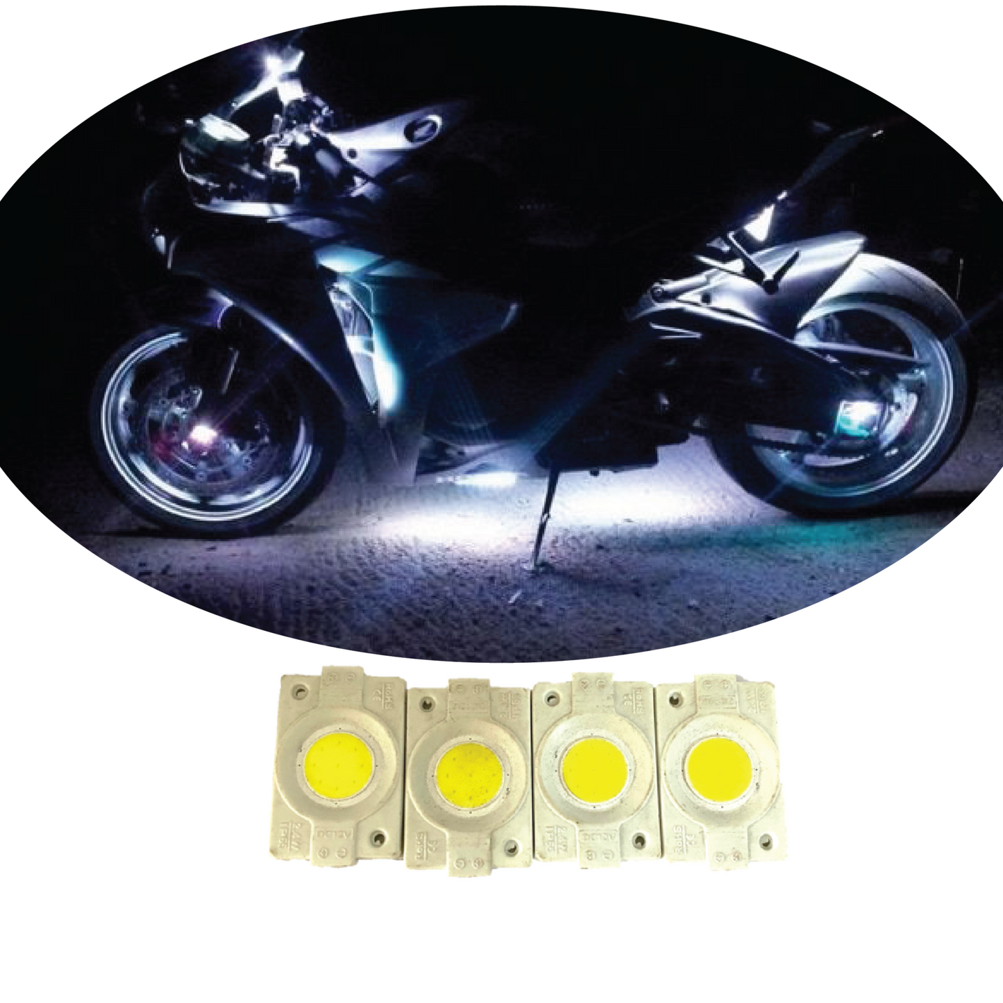 hjg Sunny Day WHITE IMPORTED Underglow PATCH LIGHTS (Front/Rear , Bike Body Lights) - PACK OF 4 - IP65 WATERPROOF DUSTPROOF SHOCKPROOF - Universal Decorative Light for all Motorbike, Car LED - bikerstore.in