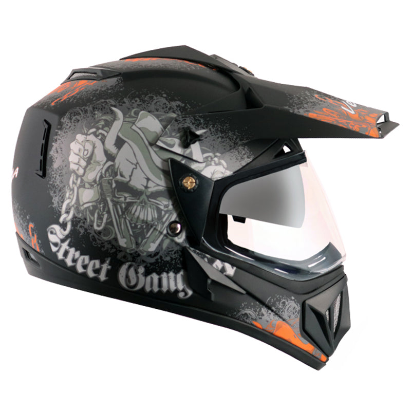 Vega Off Road D/V Gangster Dull Black Orange Helmet - bikerstore.in