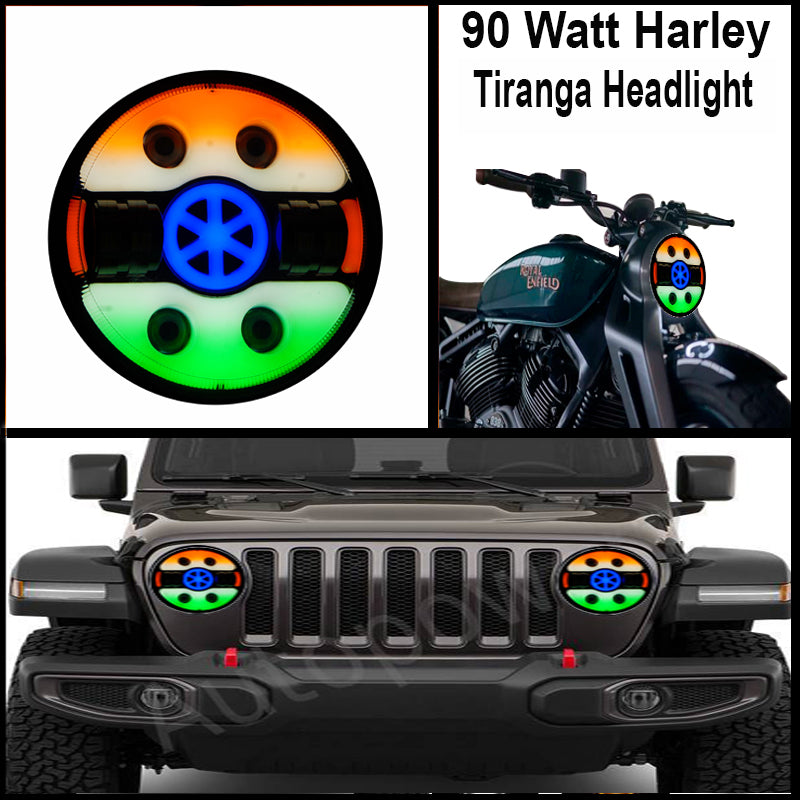 7 Inch Tri Colour Round LED Harley Headlight Fits in Royal Enfield, Thar (12V-80V 90W) (Tiranga) - bikerstore.in
