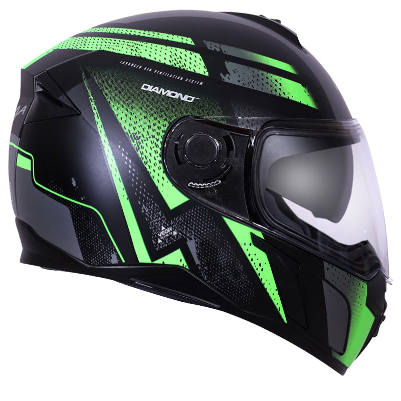 Vega Ryker D/V Diamond Dull Black Green Helmet - bikerstore.in