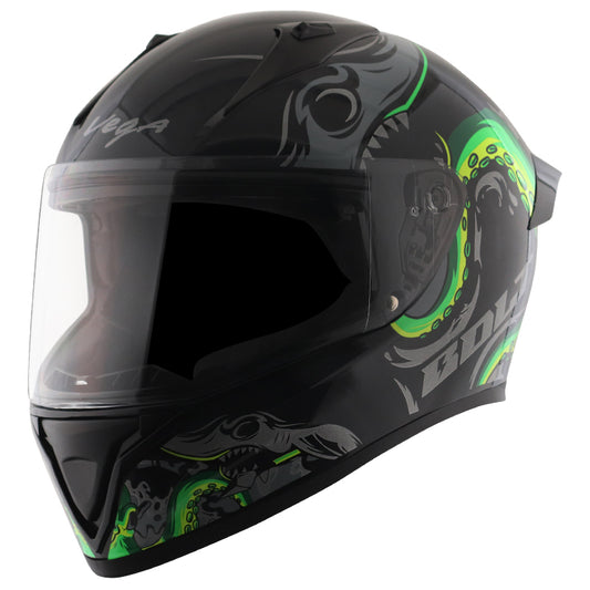 Vega Bolt Octopus Black Neon Green Helmet - bikerstore.in