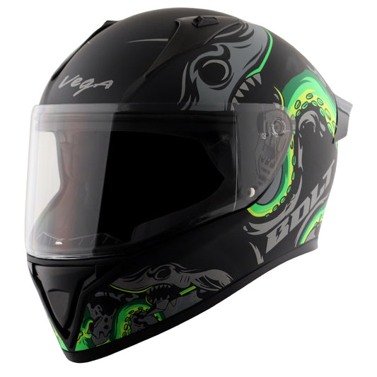 Vega Bolt Octopus Dull Black Neon Green Helmet - bikerstore.in