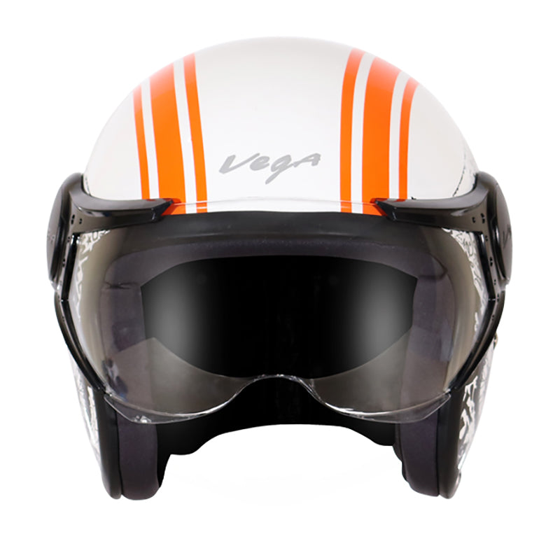 Vega Jet Old School W/Visor White Orange Helmet - bikerstore.in