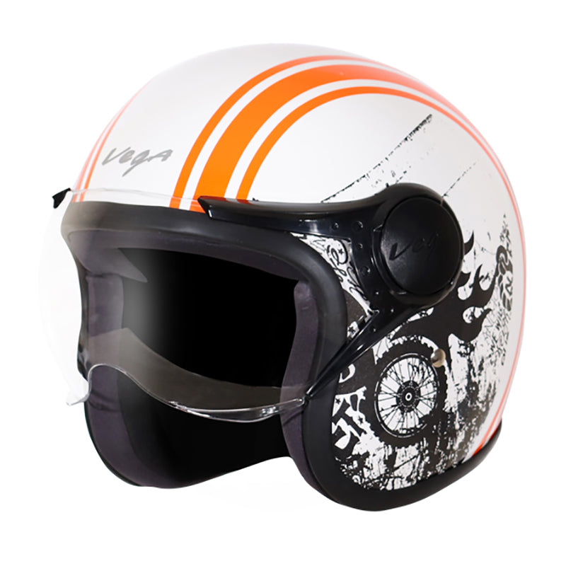 Vega Jet Old School W/Visor White Orange Helmet - bikerstore.in