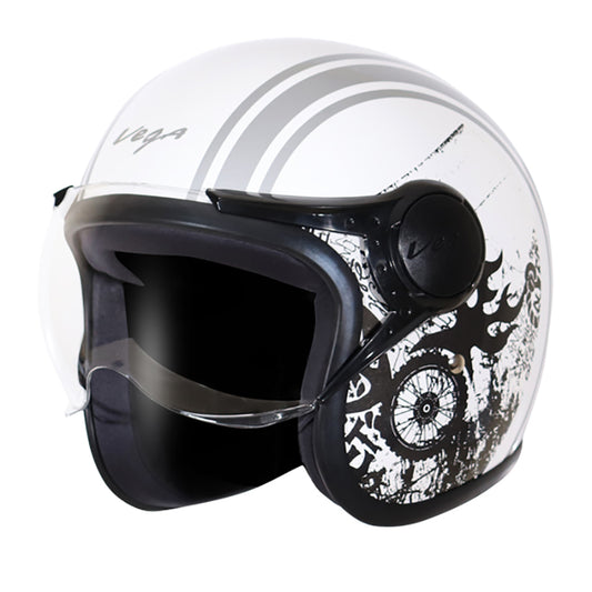 Vega Jet Old School W/Visor White Silver Helmet - bikerstore.in