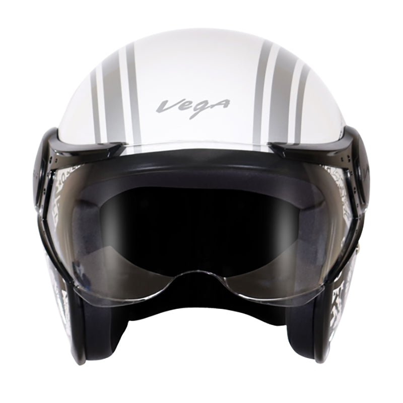 Vega Jet Old School W/Visor White Silver Helmet - bikerstore.in