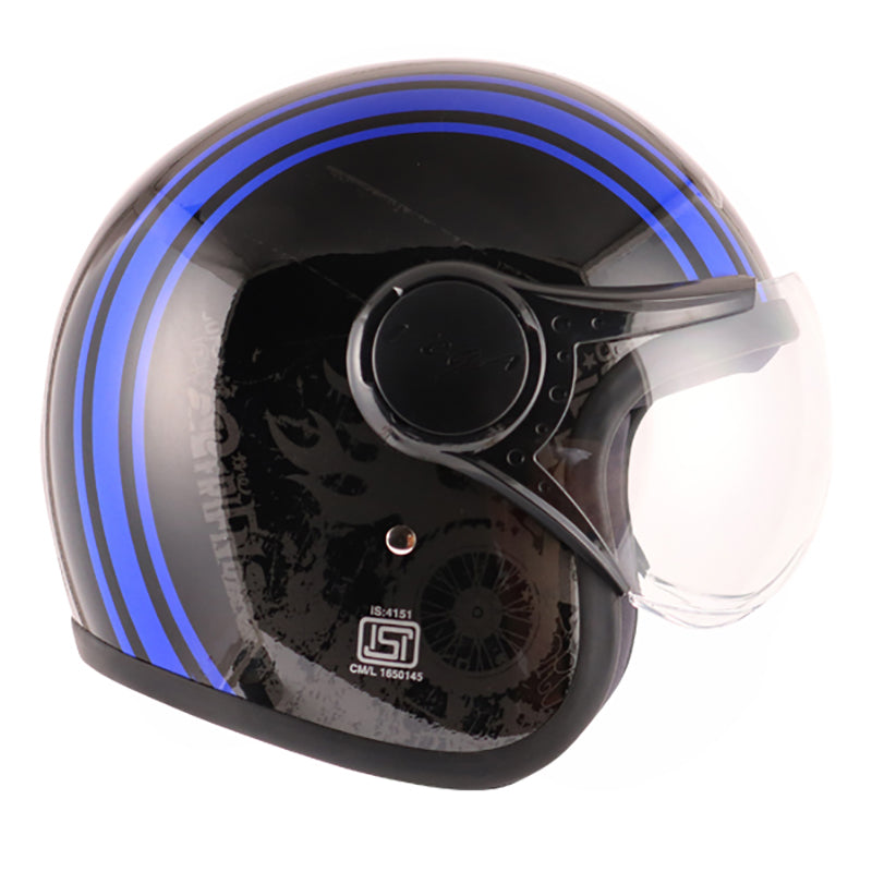 Vega Jet Old School W/Visor Black Blue Helmet - bikerstore.in