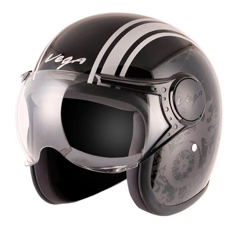 Vega Jet Old School W/Visor Black Silver Helmet - bikerstore.in
