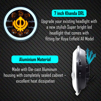 7 Inch Round Headlight Compatible with Royal Enfield, Jeep & Harley Davidson (Khanda DRL) (12V-80V 75W) - bikerstore.in