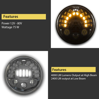 7 Inch Round Headlight with Turn Signal Indicator & Hi/Low Beam for Bullet, Mahindra Thar - bikerstore.in
