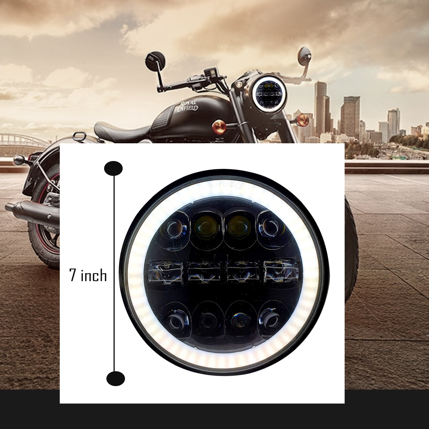 HJG 7 Inch Round Headlight Compatible with Royal Enfield, Jeep & Harley Davidson (12 LED WHITE) (12V-80V, 75W) - bikerstore.in
