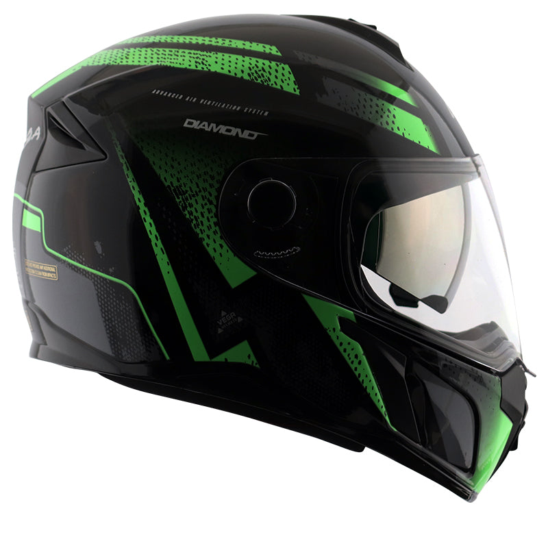 Vega Ryker D/V Diamond Black Green Helmet - bikerstore.in
