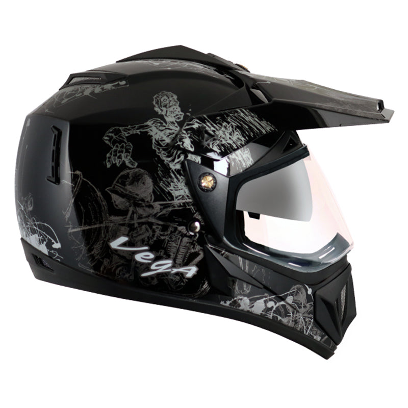 Vega Off Road D/V Sketch Black Silver Helmet - bikerstore.in