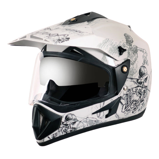 Vega Off Road D/V Sketch White Silver Helmet - bikerstore.in