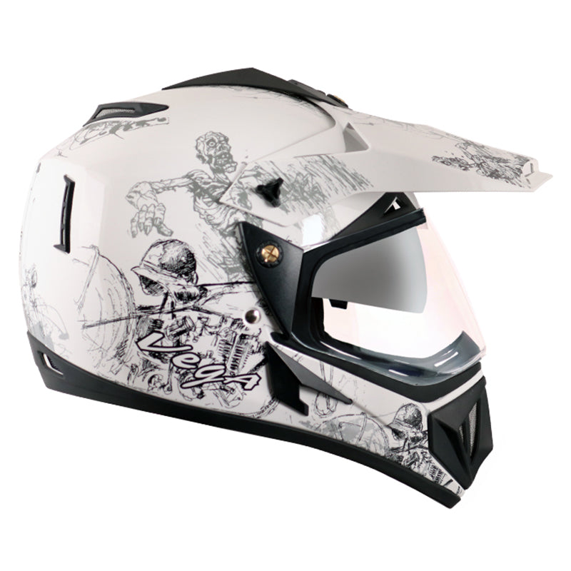 Vega Off Road D/V Sketch White Silver Helmet - bikerstore.in