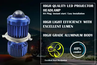 CYT ORIGINAL LED DC White/Yellow DUAL Power Headlight Bulb Universal For All Bikes, Motorcycle, Scooty (DC8V-48V, 40W) 3 Side H4 White/Yellow DUAL LED Headlight with Cooling Fan Head lamp Con - bikerstore.in