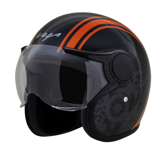Vega Jet Old School W/Visor Black Orange Helmet - bikerstore.in