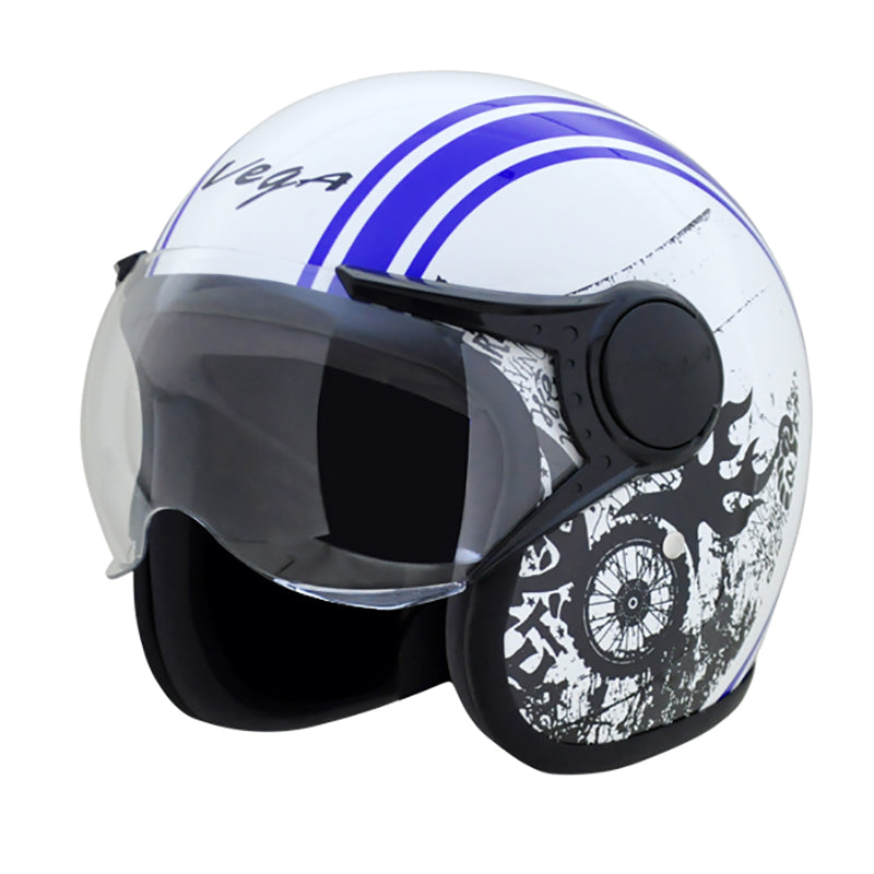 Vega Jet Old School W/Visor White Blue Helmet - bikerstore.in