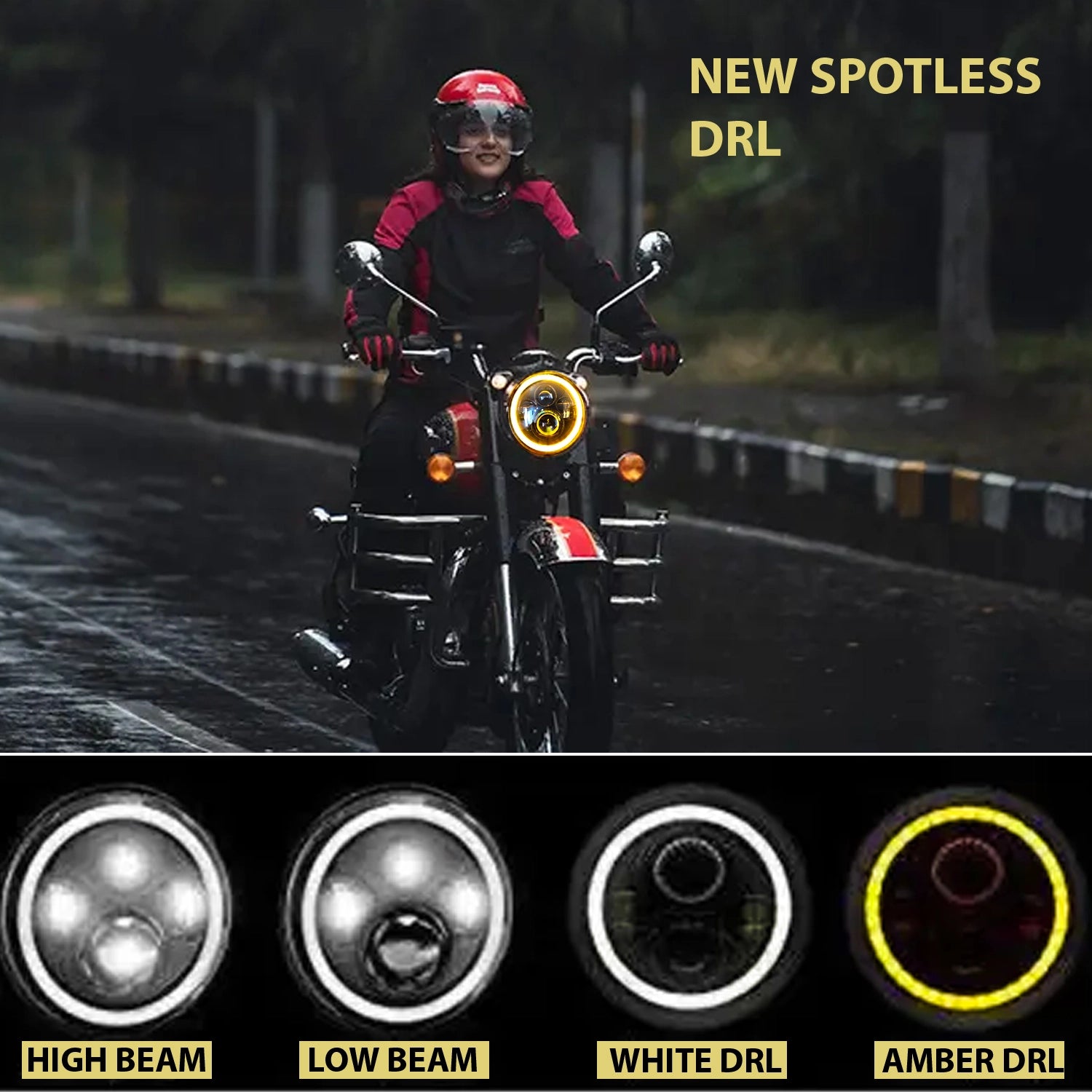HJG 7 Inch LED Headlight with Spotless and Bright DRL Fits in Royal Enfield (All Model) And Mahindra Thar (12V-80V DC 75w) - bikerstore.in